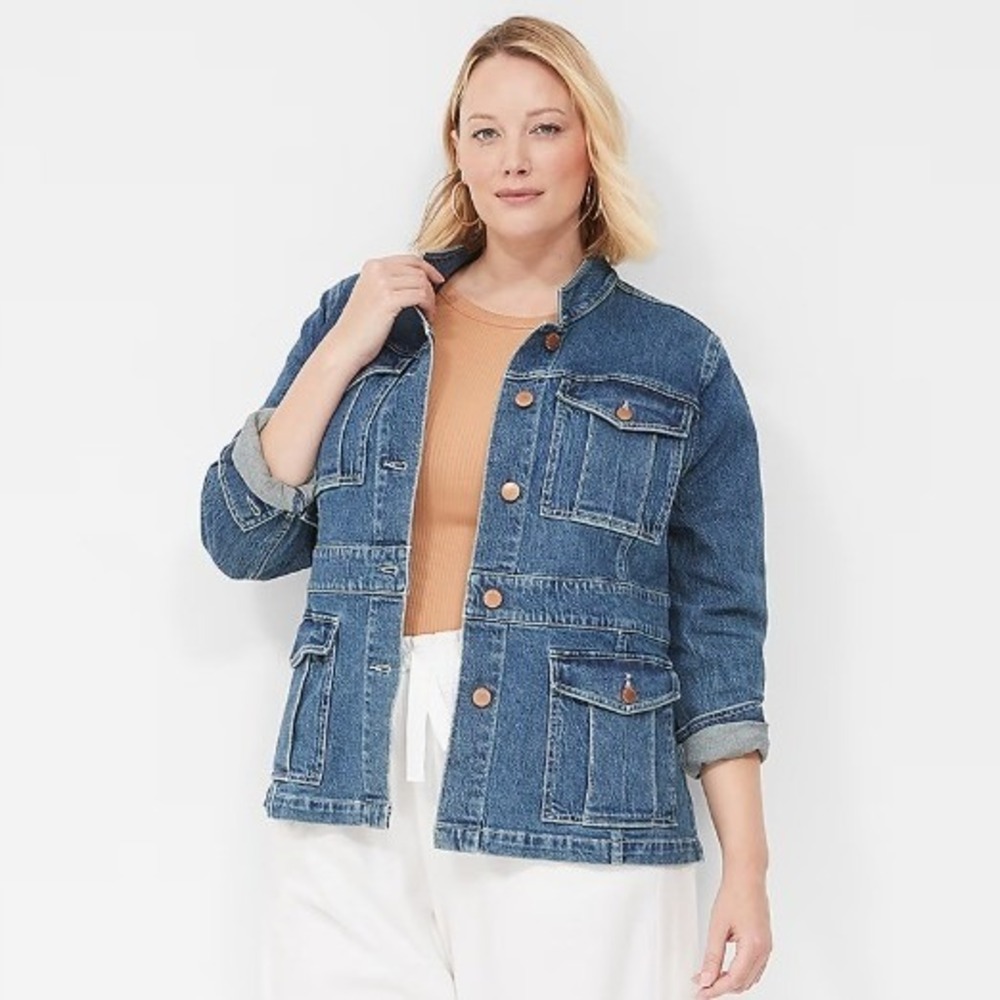 Lane Bryant Womens Blue Denim Banded Waist Utility Jacket Collarless 4-Pocket - Picture 2 of 8